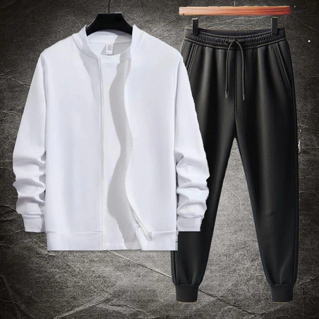 2 Pcs Men's Fleece Plain Zipper TrackSuit
